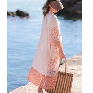 🌴🥥🩱Mirtha Art Nouveau Maxi Kimono Orange Florals and Pink Cheetah Mixed Print